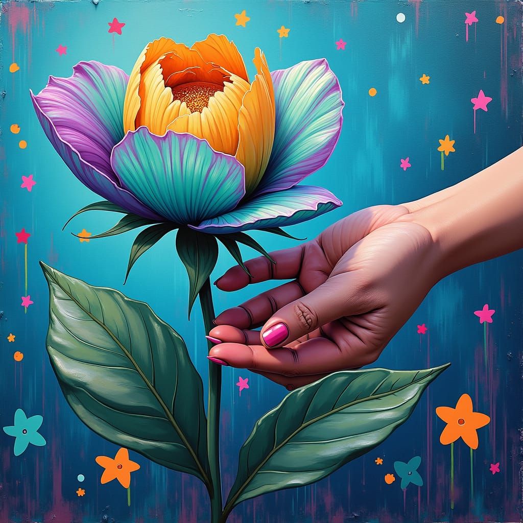 Blooming Flower Pushes Away Hand: Digital Art