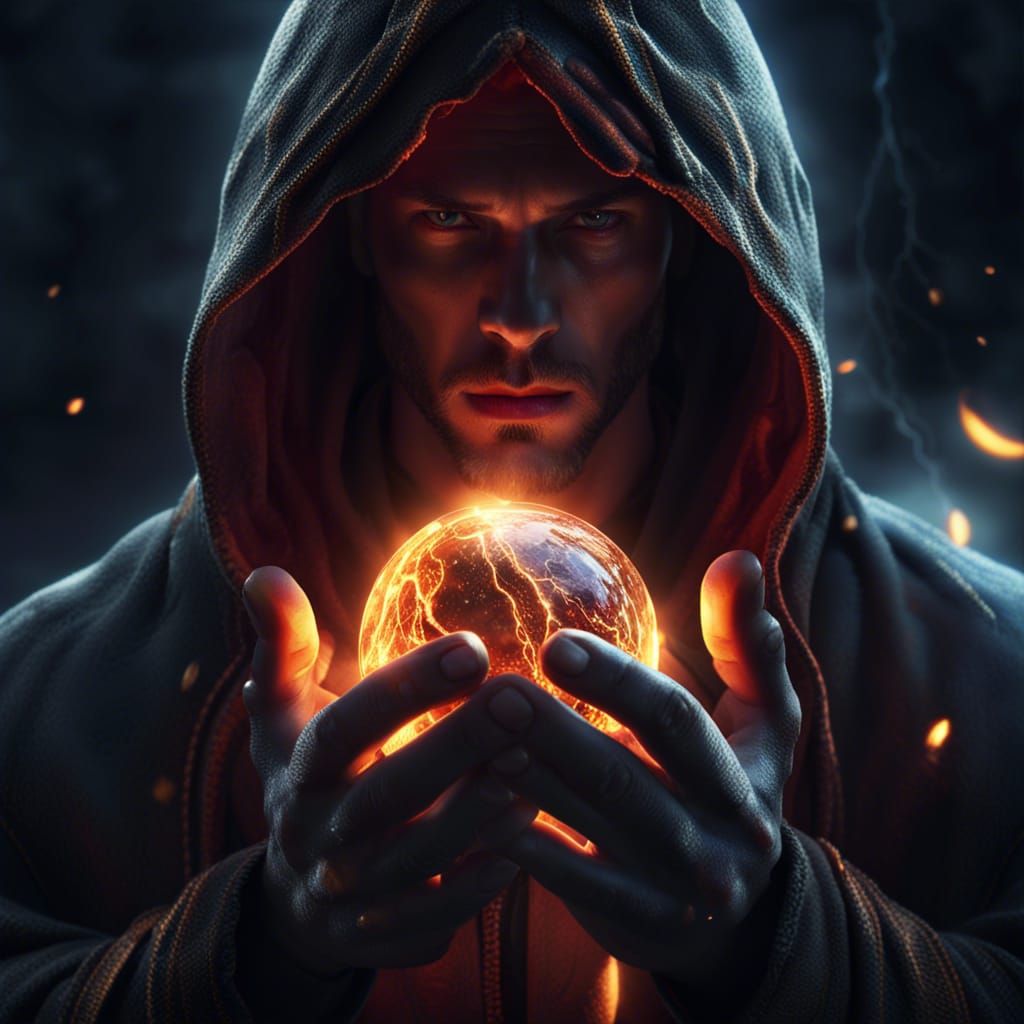 Hooded Figure Conjures Fire Under Lightning