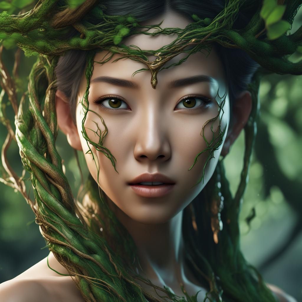 Asian Face of Green Branches: Fantasy Concept Art