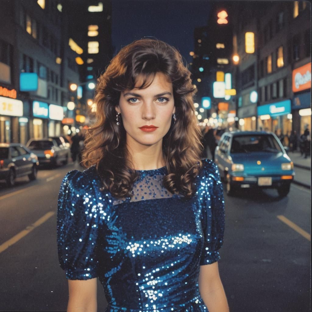1980s Woman in Blue Sequin Party Dress