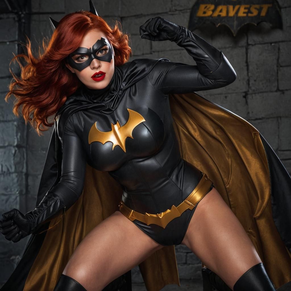 22 year old woman dressed as Batgirl, thick lustrous red hair spilling out from black bat-eared cowl, black cape draped ...