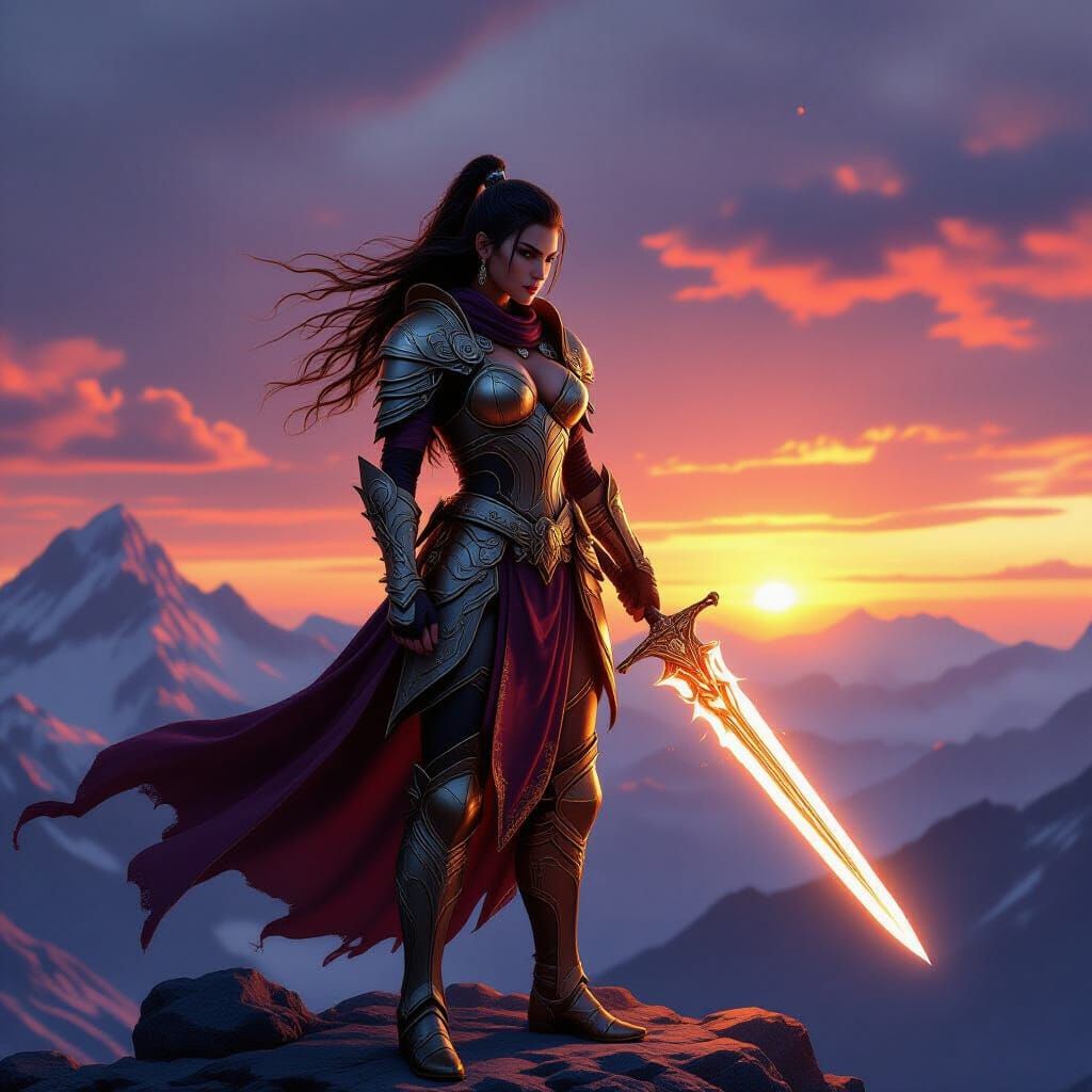 Warrior Princess on Mountain Peak at Sunset