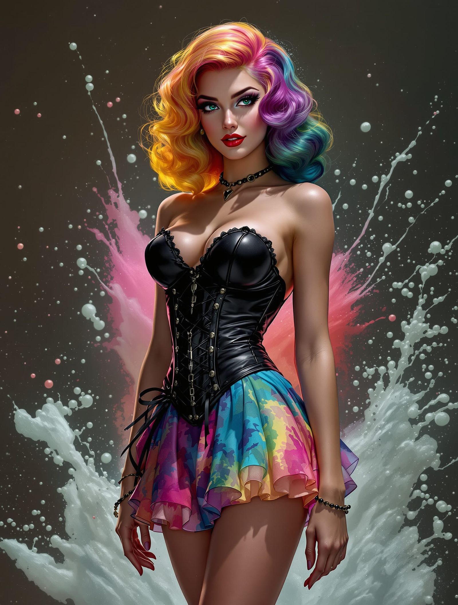 Rainbow Haired Pin Up Woman in Tie Dye Skirt