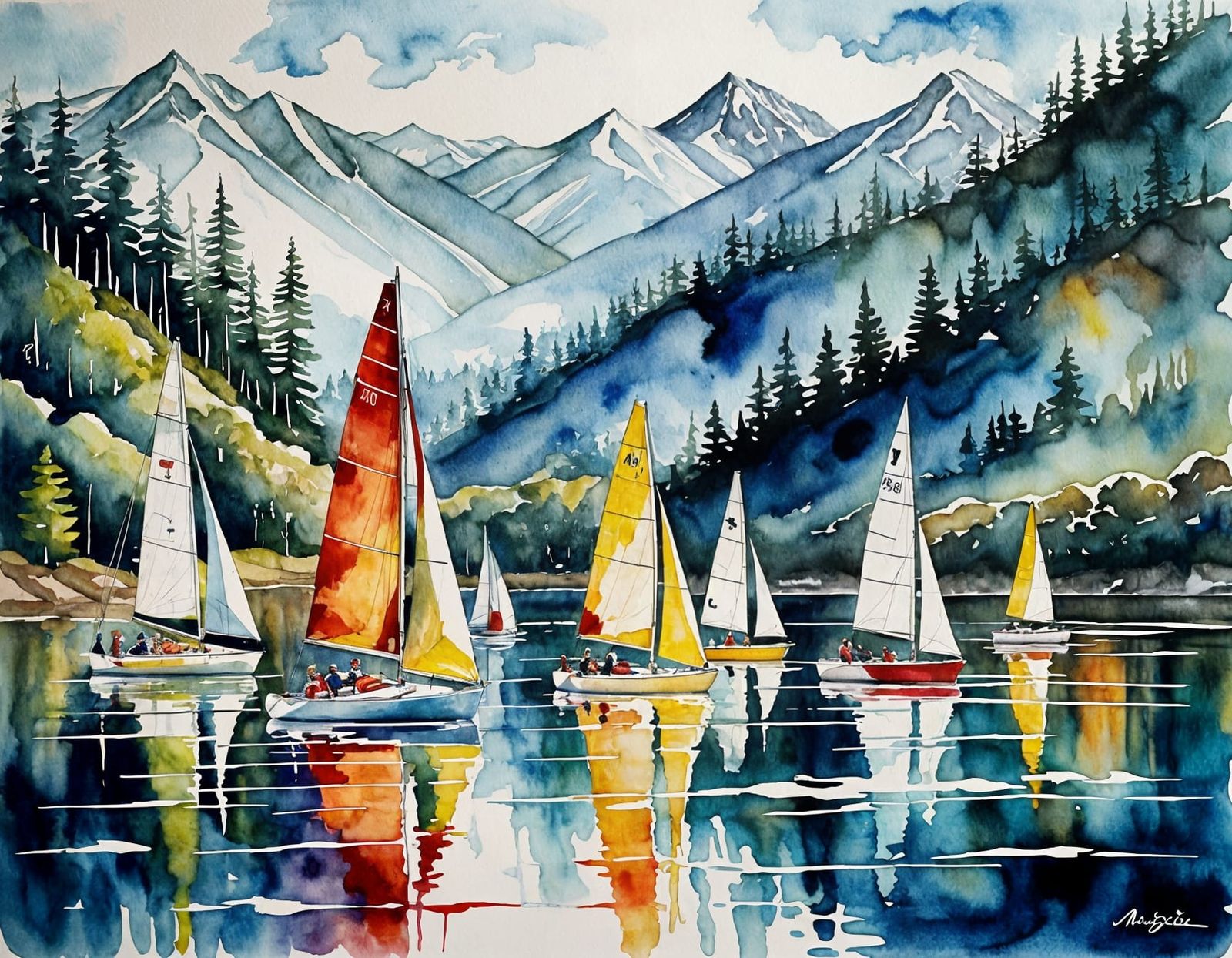 Colorful Sailboat Regatta on Wide River, Watercolor Style