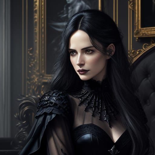 Dark-Haired Beauty in Moonlit Mansion: Dark Fantasy Art