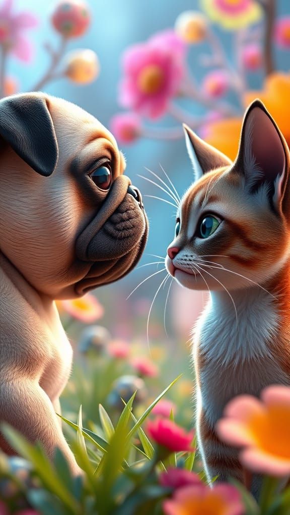 Cute Pug and Cat Face Off in Fantastical 3D Art