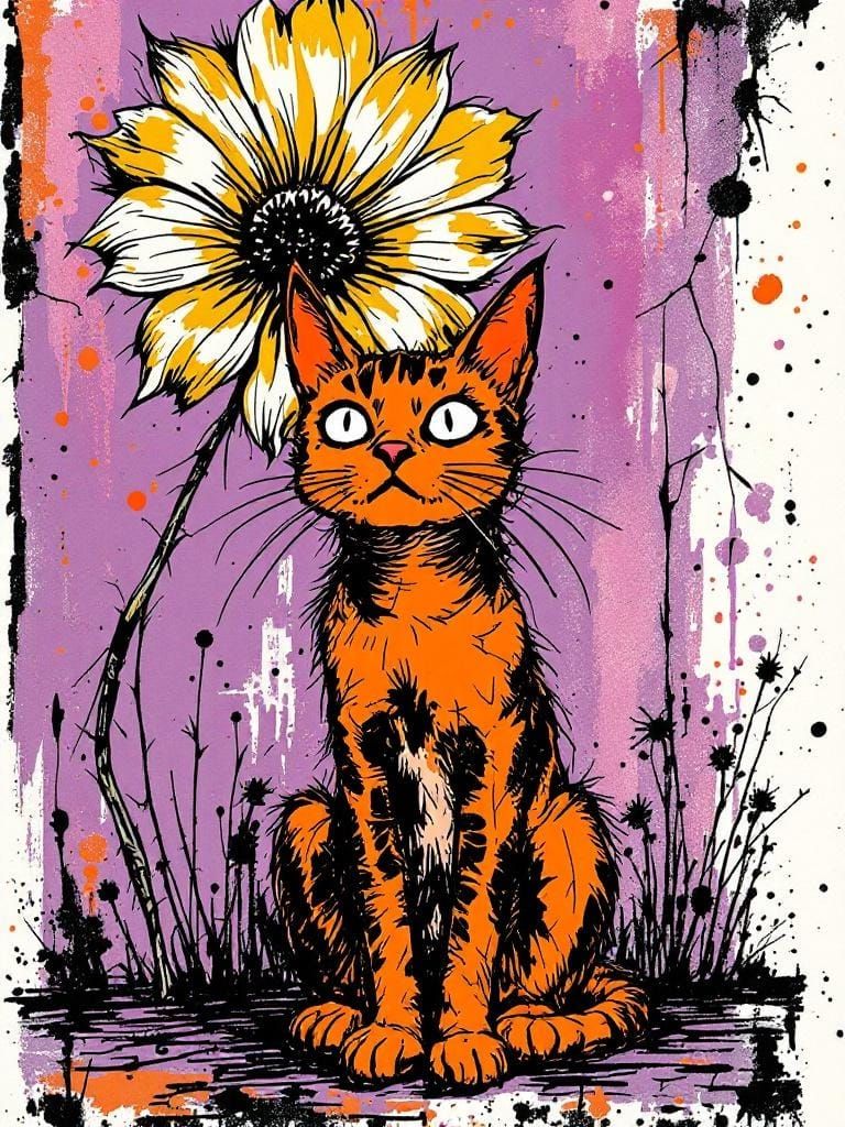 Cat Under Flower in Zine Punk Aesthetic