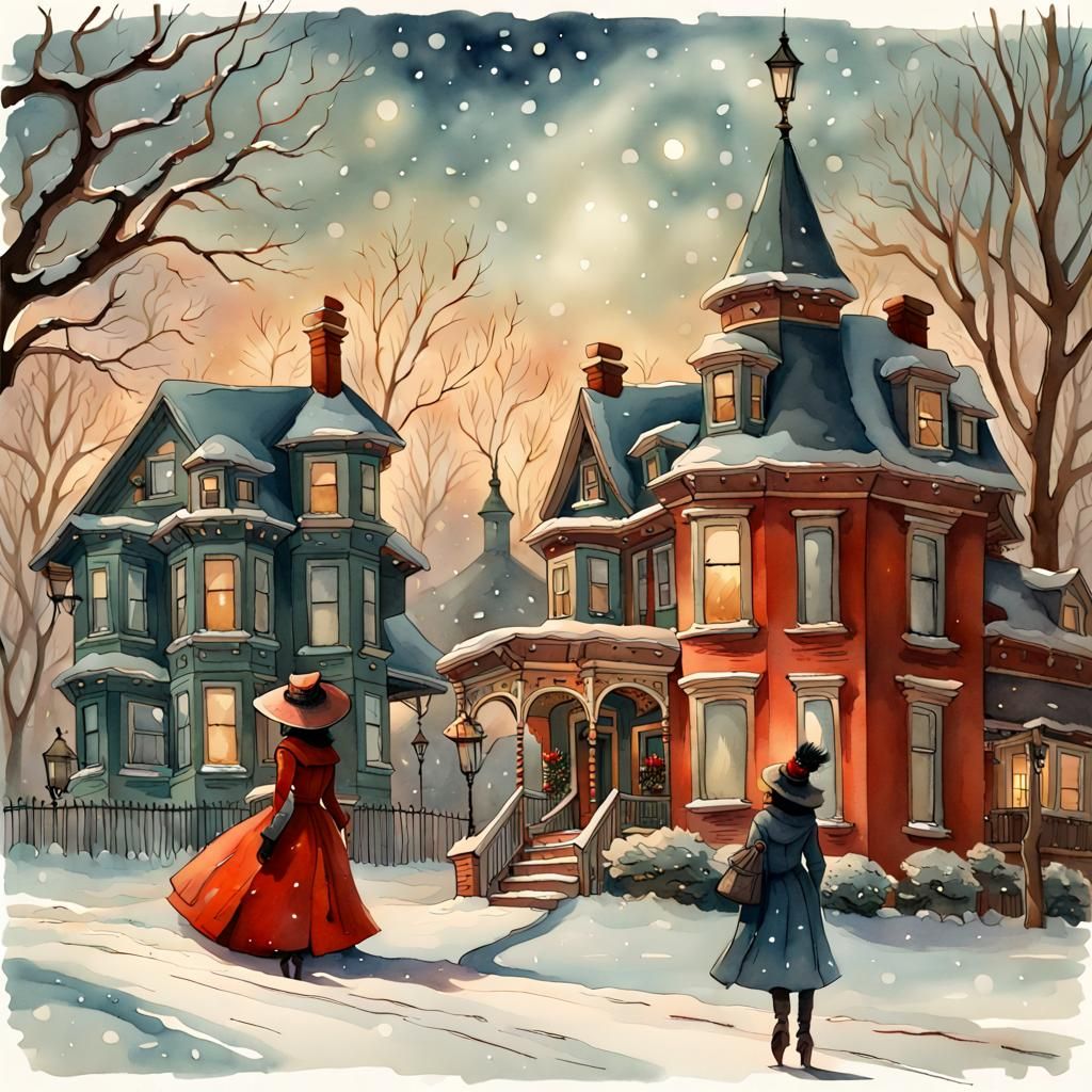 Festive Victorian Lady in Winter Evening Gouache