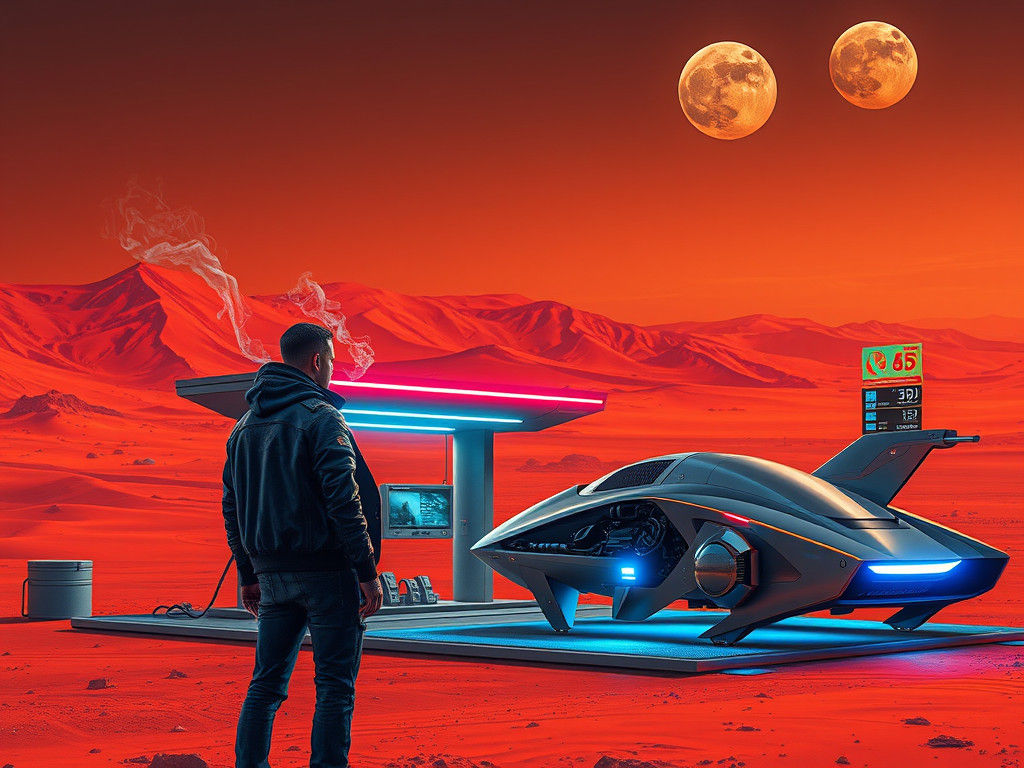 Martian at Sci-Fi Gas Station on Mars in Noir Style