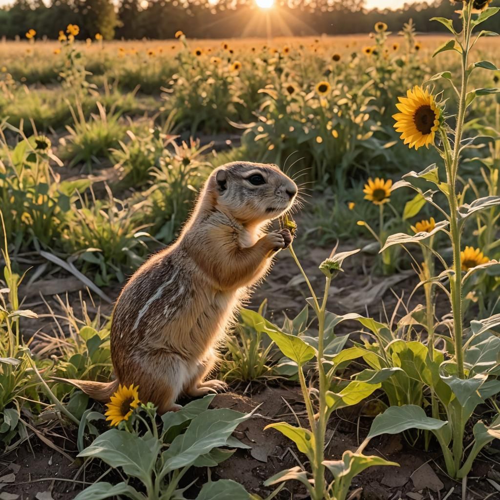 Prairie Dog Sniffs Sunflower at Sunset