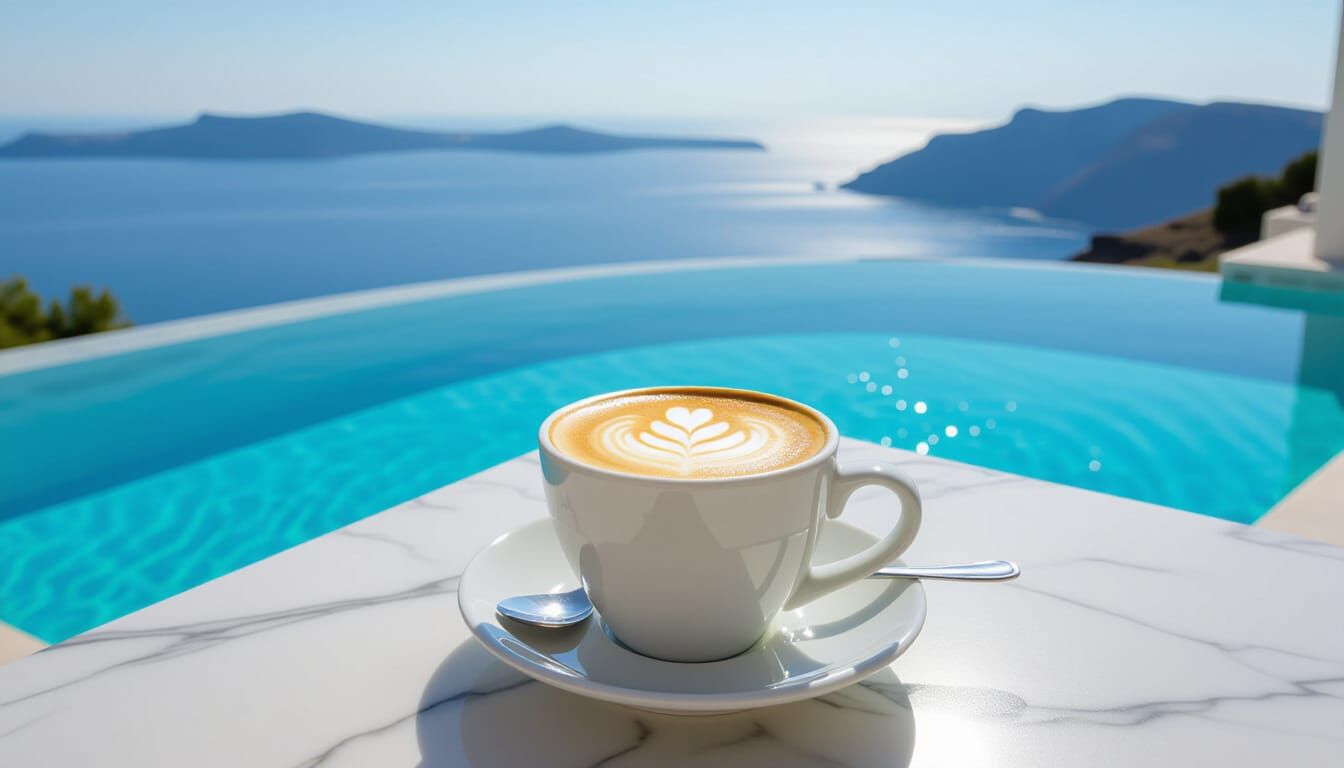 Sophisticated Cappuccino by Infinity Pool, Mediterranean Sea...