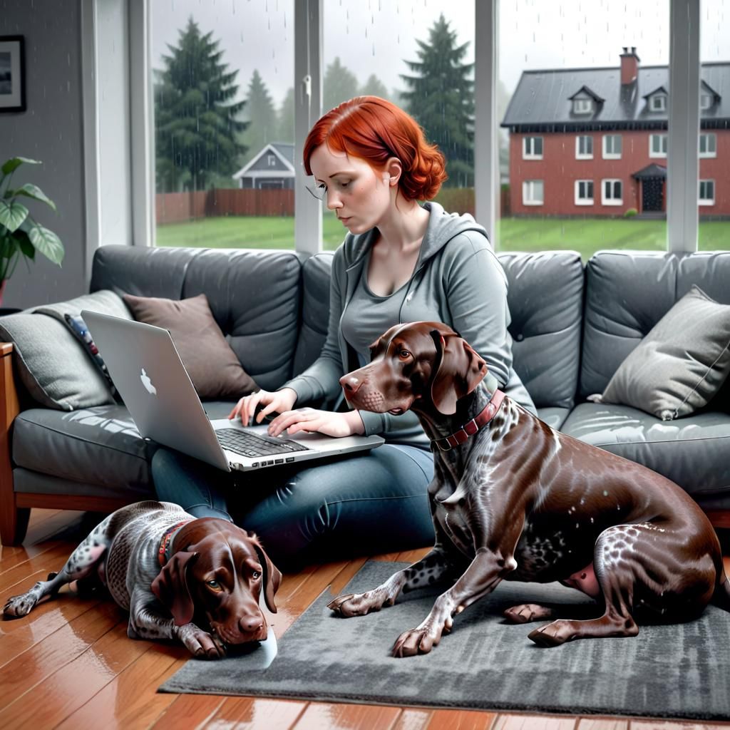 Woman Working at Home on Rainy Day
