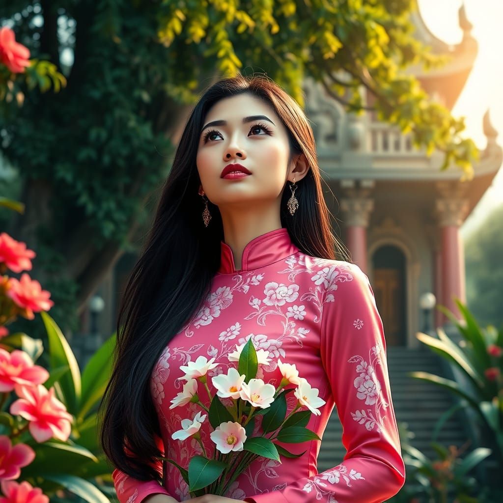 Vietnamese Woman in Ao Dai by Ancient Temple