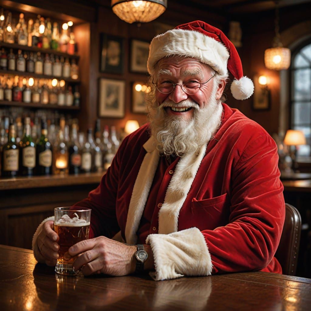 Jovial Santa Claus at a Dimly Lit Bar