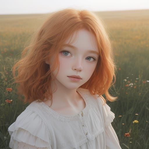 Ginger-Haired Child in Sunlit Meadow Portrait