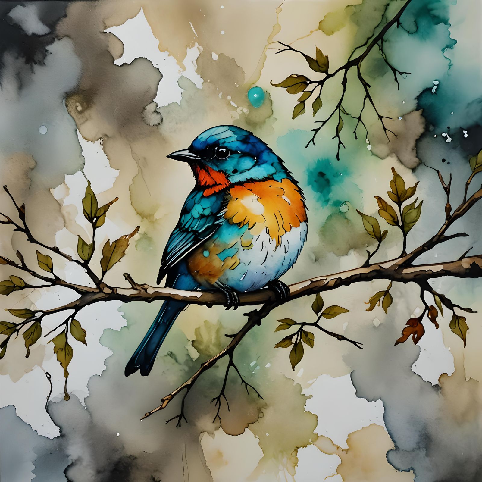Bluebird on Branch in Alcohol Ink Style