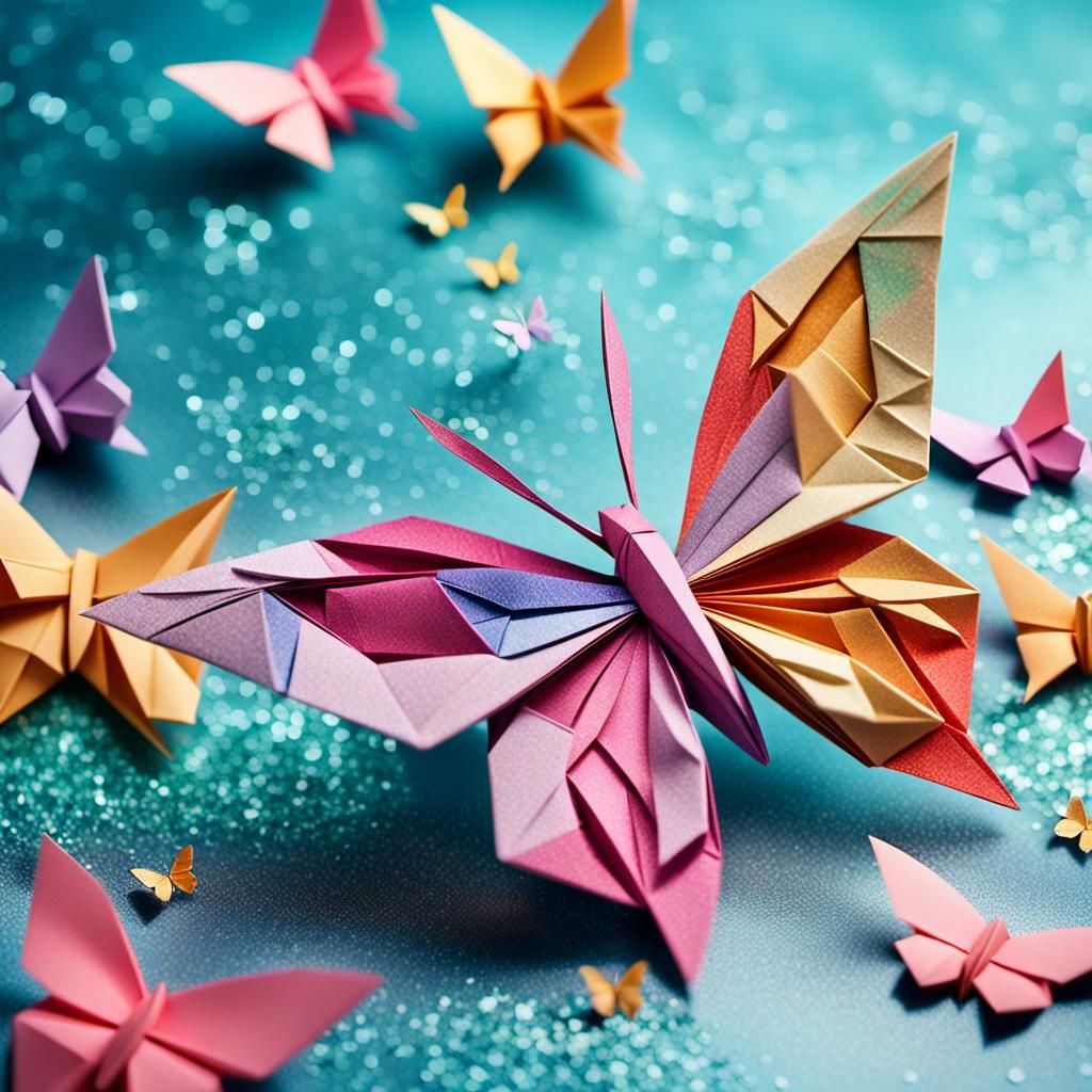 Vibrant Butterfly Origami on Glitter Background