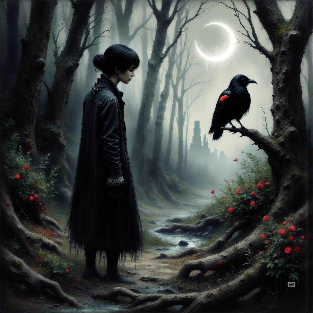 Mysterious Forest Encounter in Dark, Moody Style