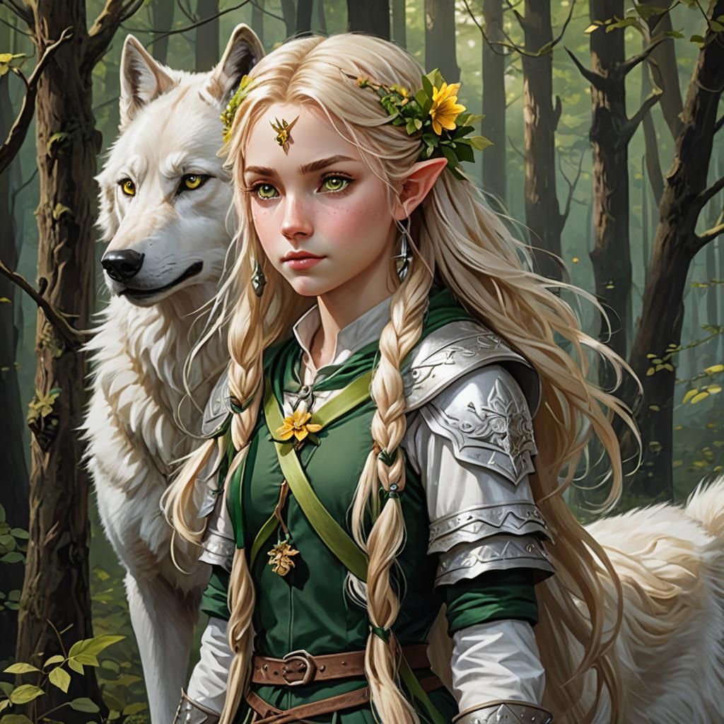 Half-Elf Ranger Girl in Dark Forest with Wolf