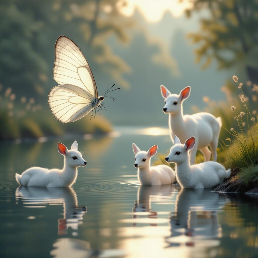 Serene Butterfly and Deer by Tranquil Lake