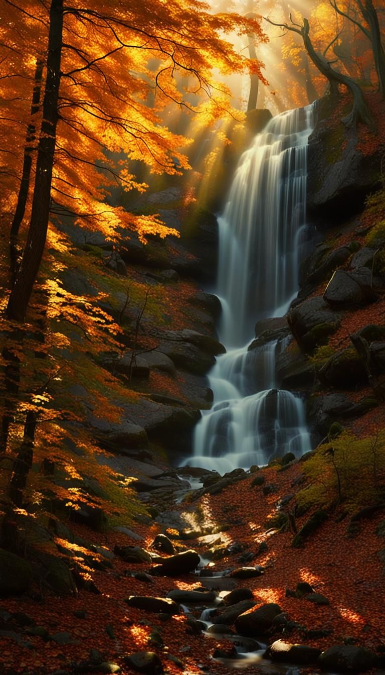 Autumn Forest Path with Waterfall at Dusk