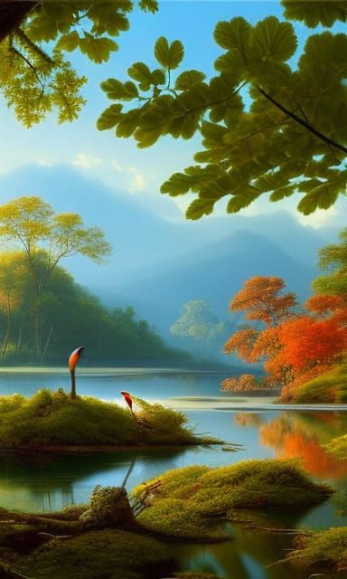 Birds in Nature Digital Painting in Fairycore Style