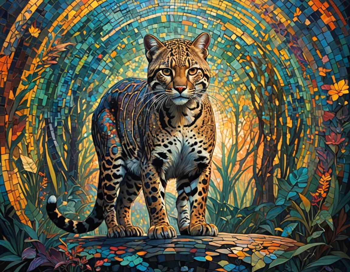 Double Exposure Ocelot Mosaic in Rainbow Colors