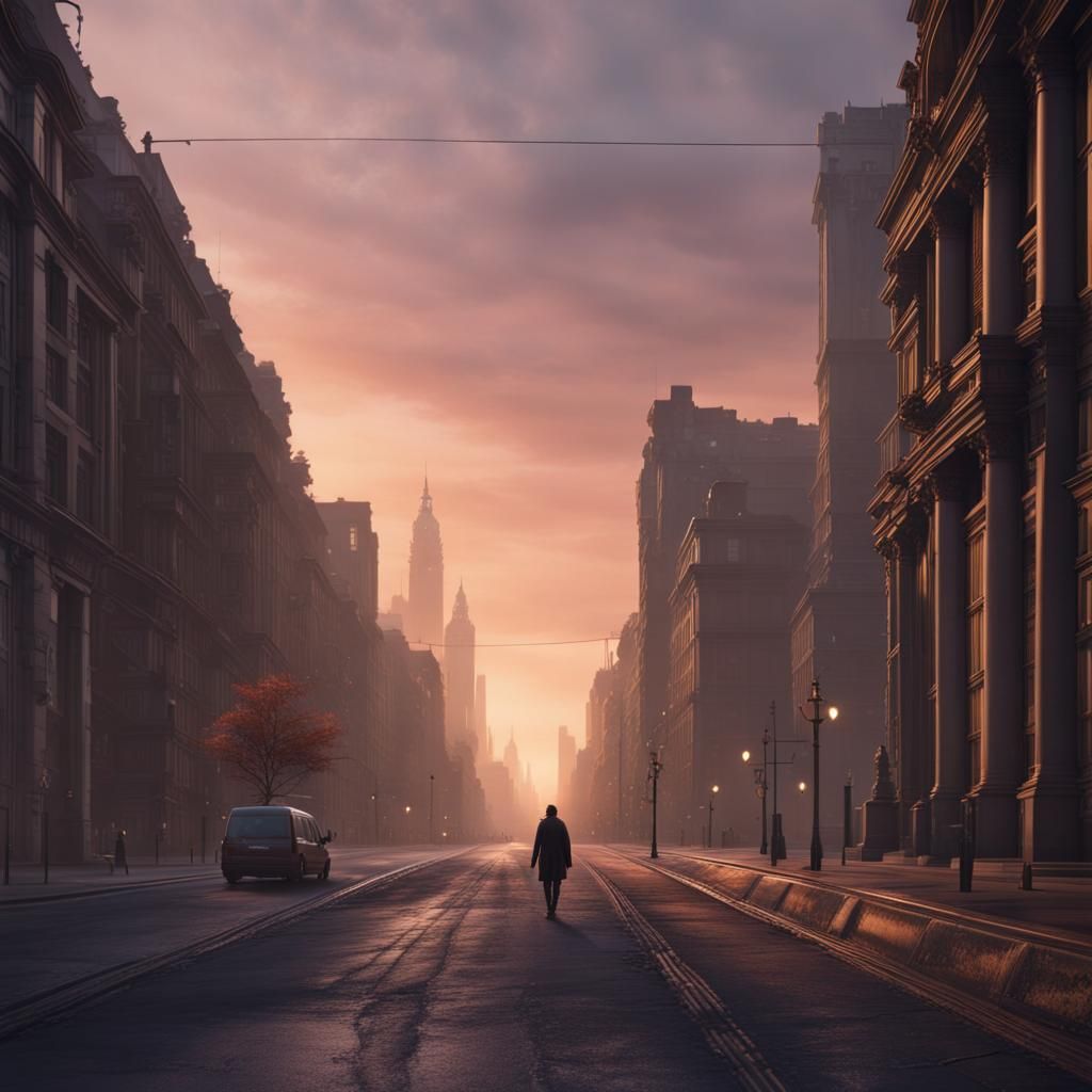 Dawn on a Deserted City Avenue: Photorealistic Matte Paintin...