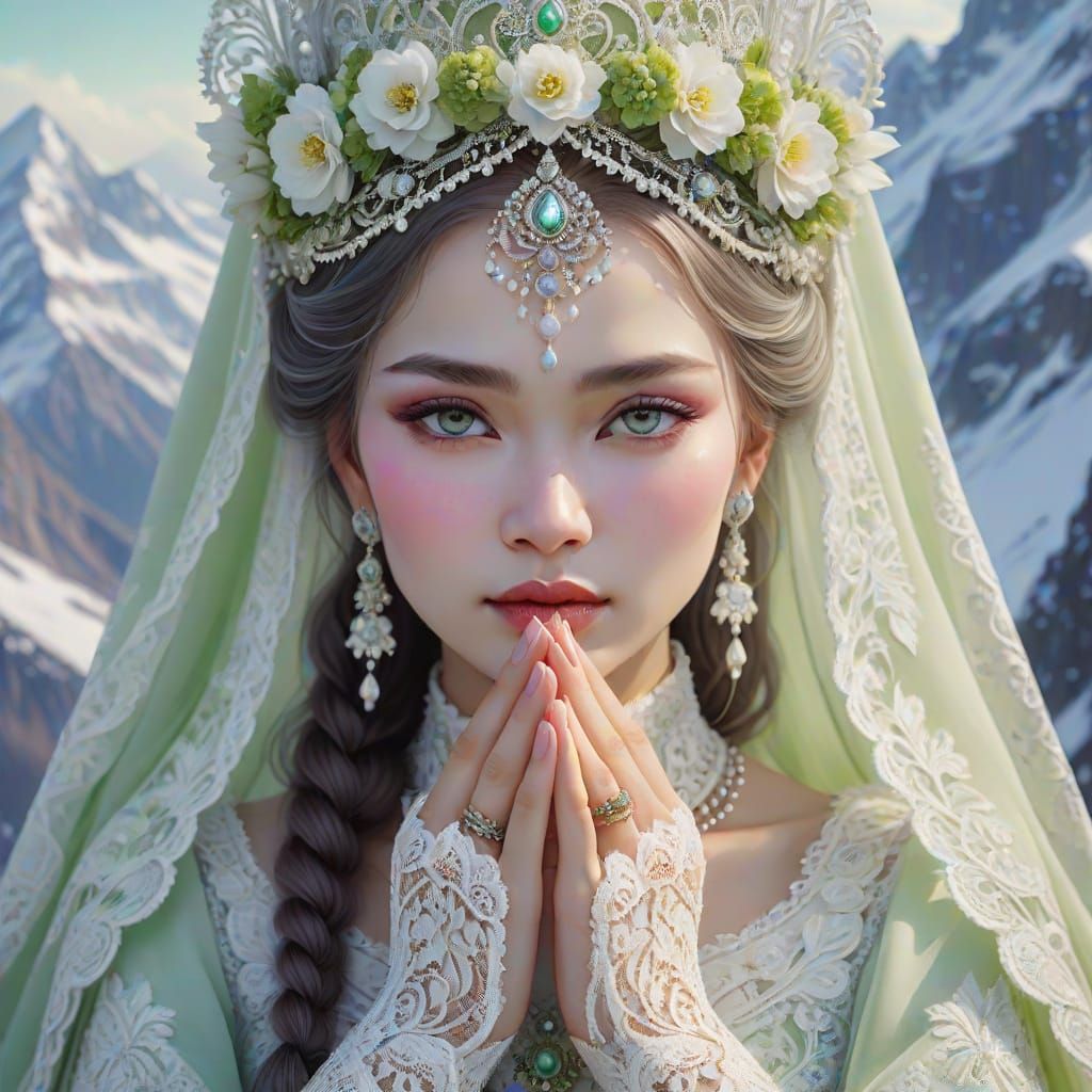 Siberian Queen in Elegant Namaste Pose, Inspired by Klimt