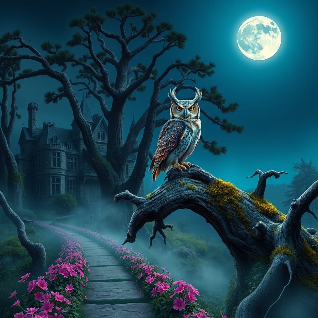 Midnight Blue Sky with Majestic Great Horned Owl and Spooky ...