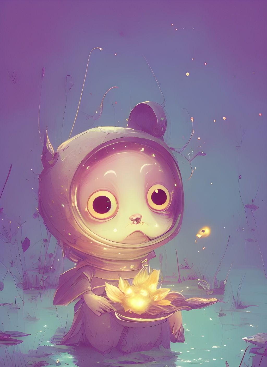 Flower Spirit Child at Lake with Fireflies