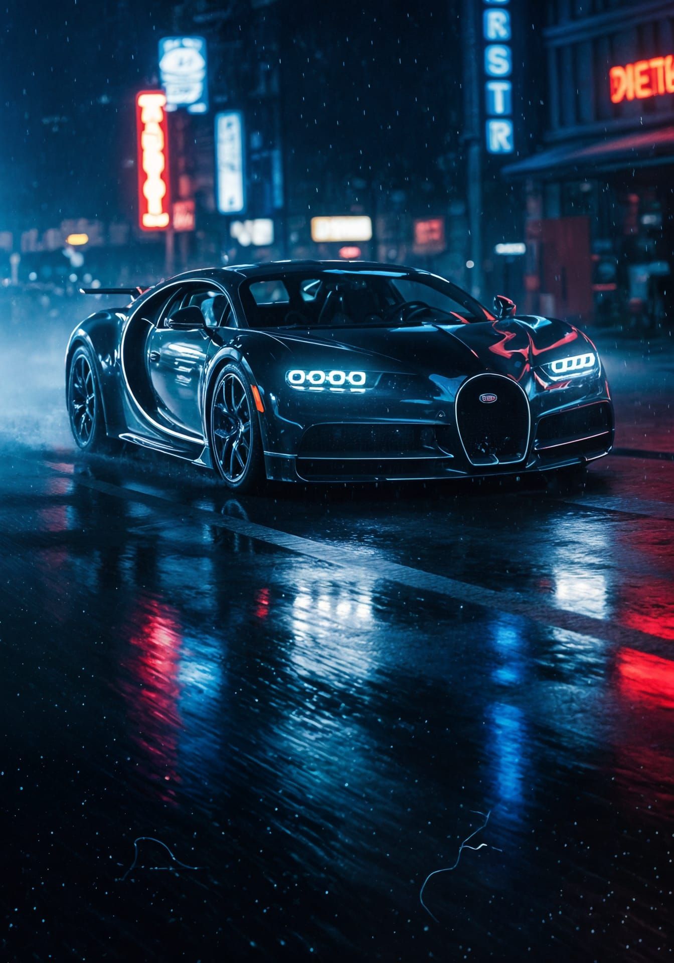 Bugatti Chiron Speeds Through Neon-Lit Rainy City Night