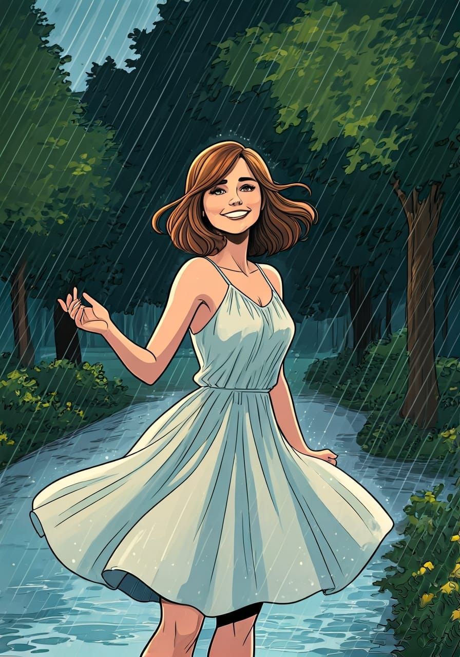 Joyful Woman Dancing in Summer Rain, Graphic Novel Art