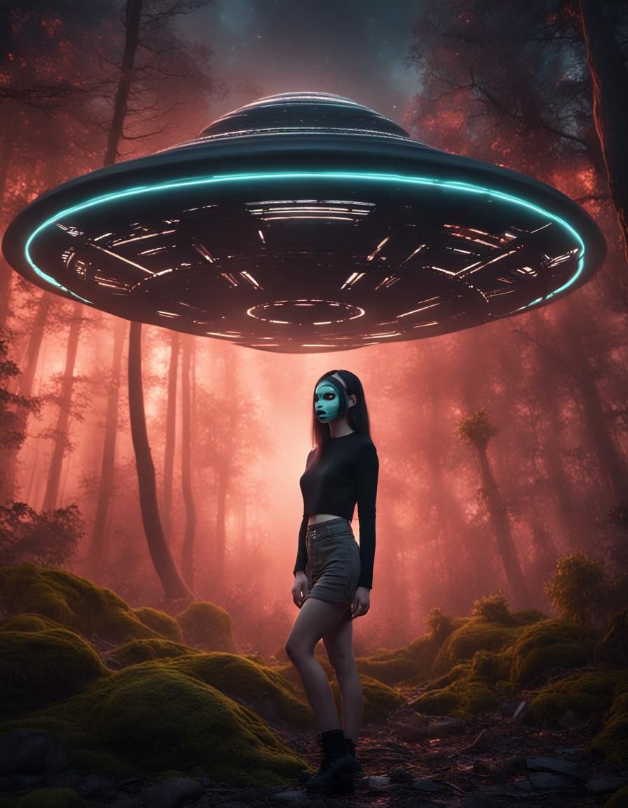 Indonesian Model in Night Forest with UFO Lights