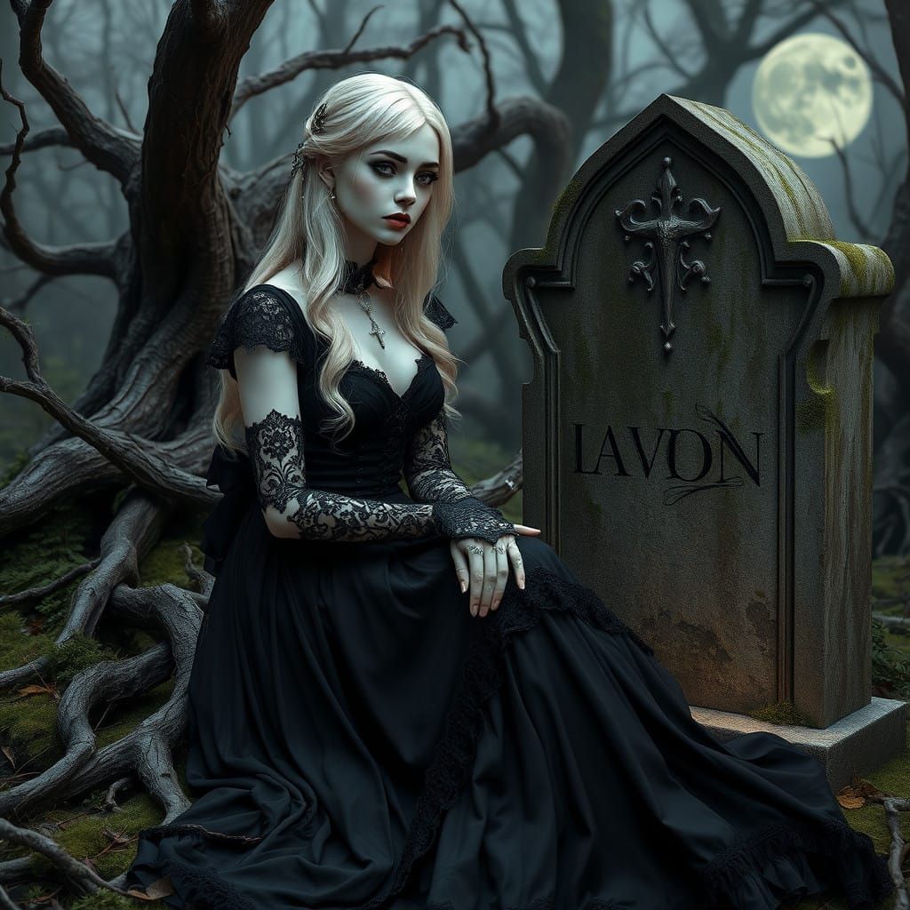 Mystical Goth Woman on a Moonlit Graveyard Stone