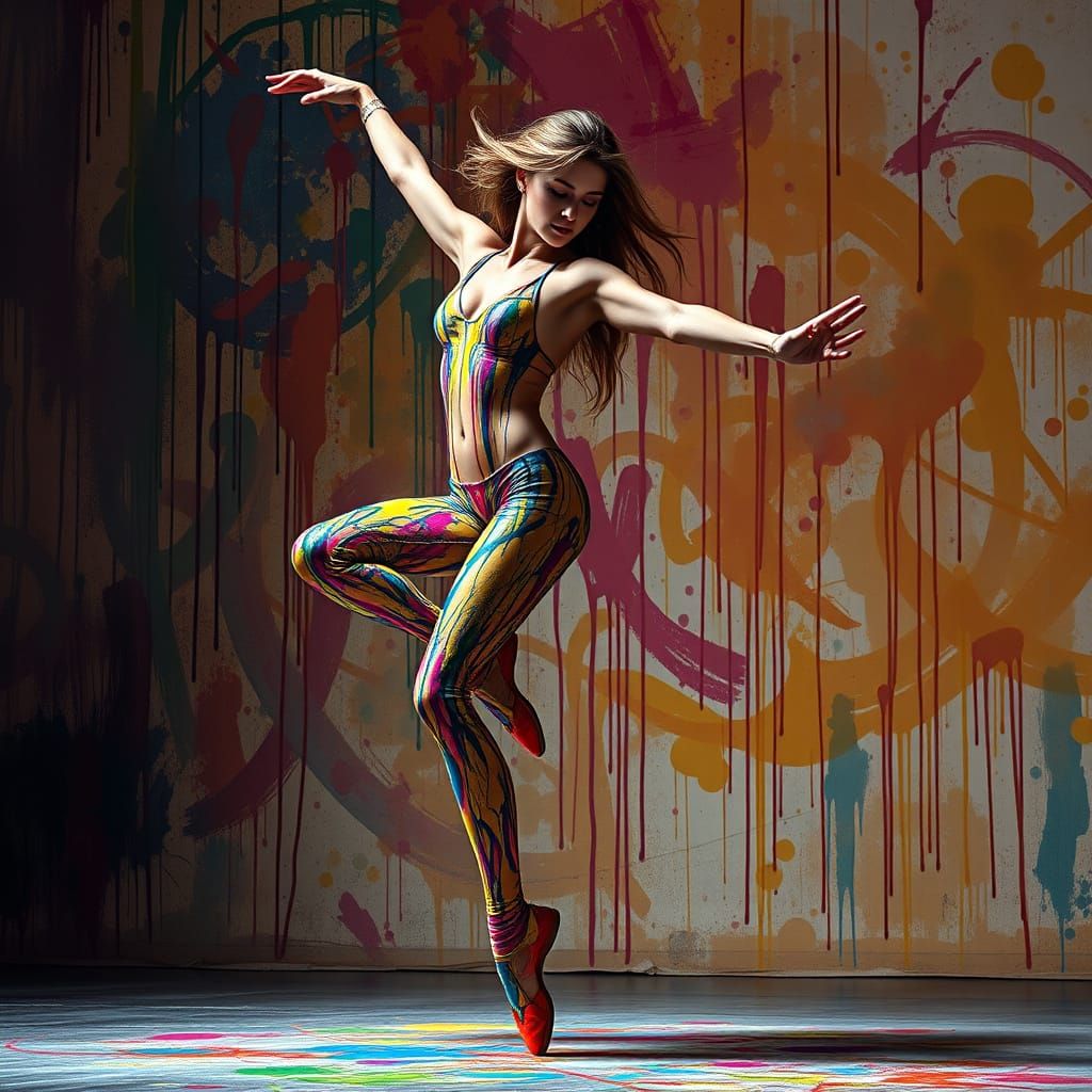 Vibrant Dancer Surrounded by Expressive, Dripping Paint