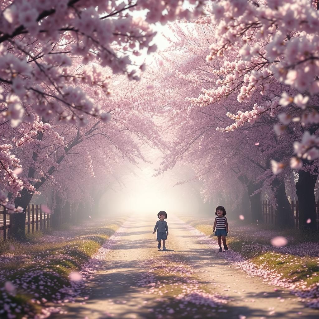 Iridescent Cherry Blossoms on Mystical Dirt Road