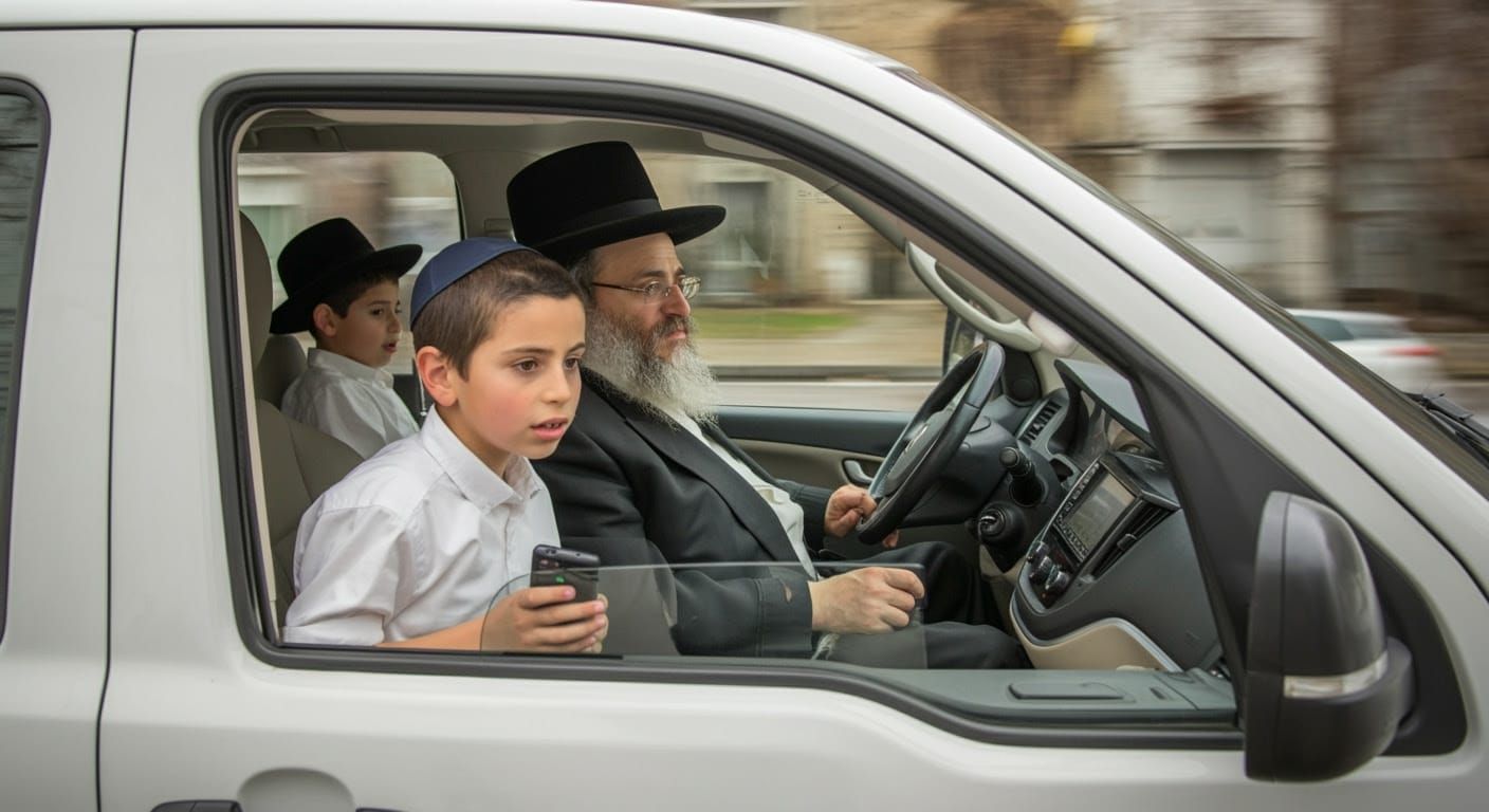 Modern Hasidic Family in Car: Hyper-Realistic Digital Art