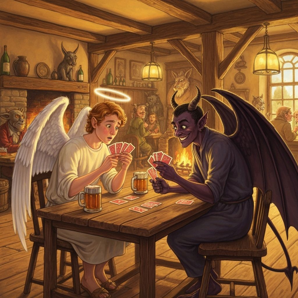 Angel and Demon Play Cards in Cozy Tavern