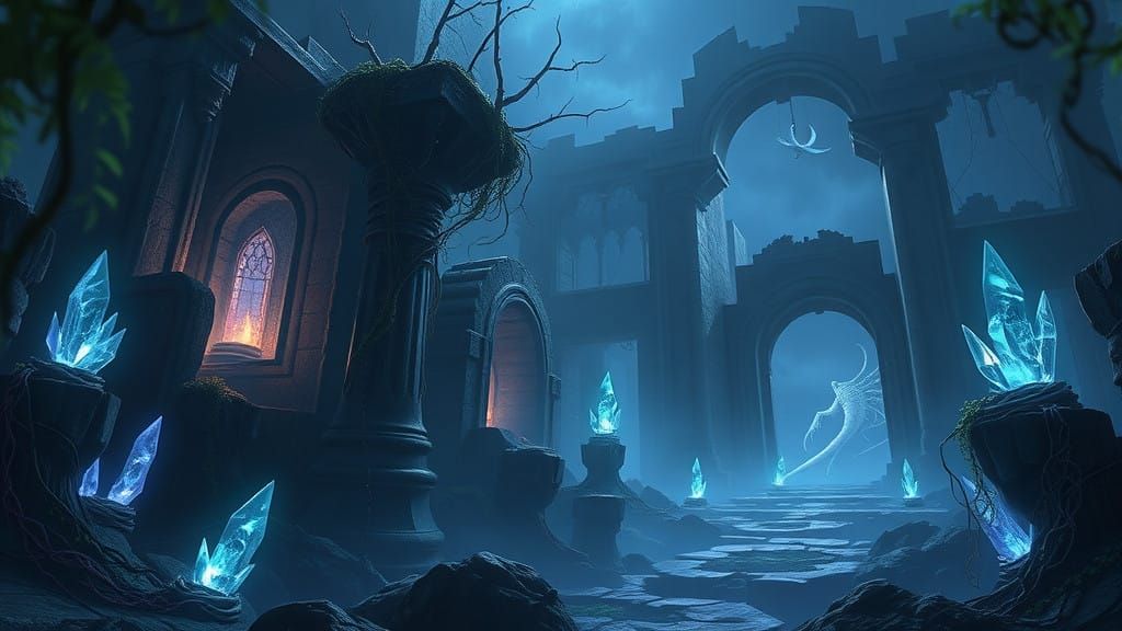 Surreal Dark Fantasy Realm with Mystical Creatures and Ancie...