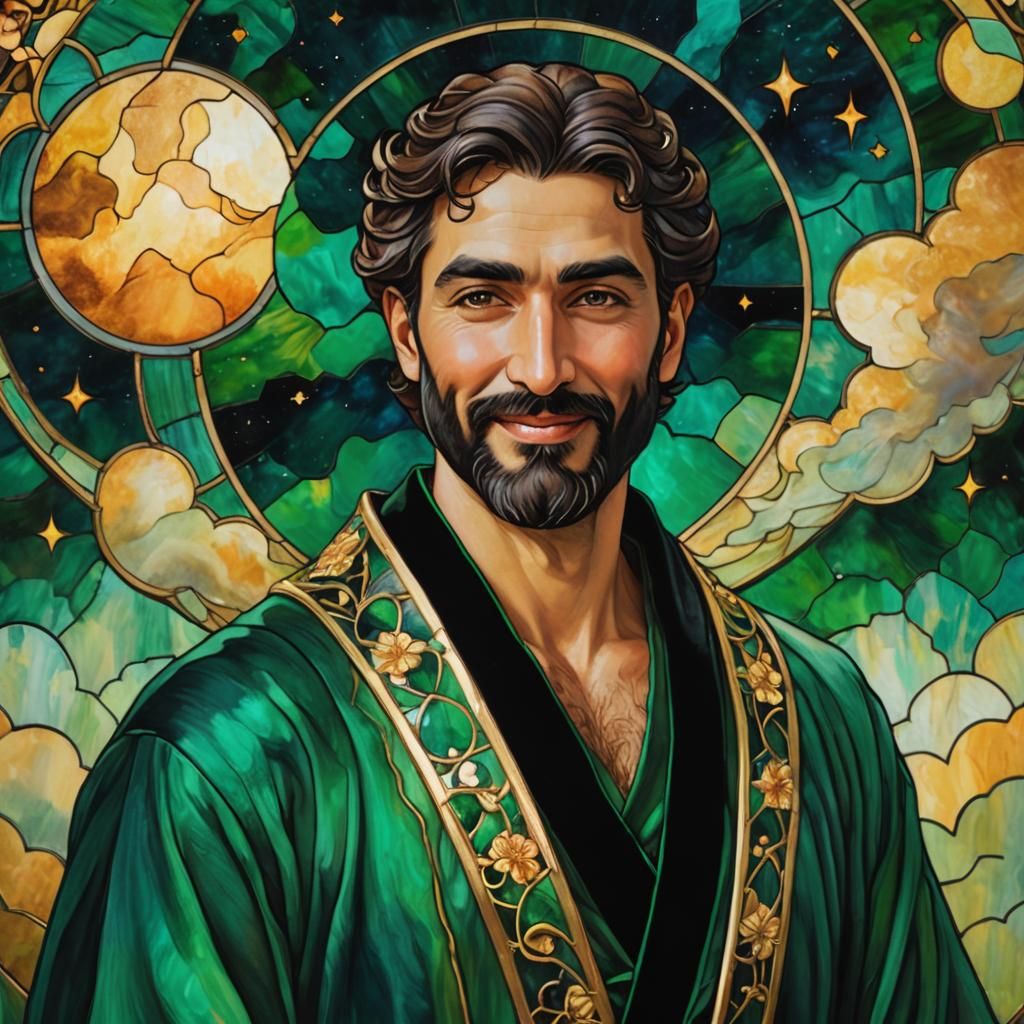 Art Nouveau Portrait of Smiling Man with Halo