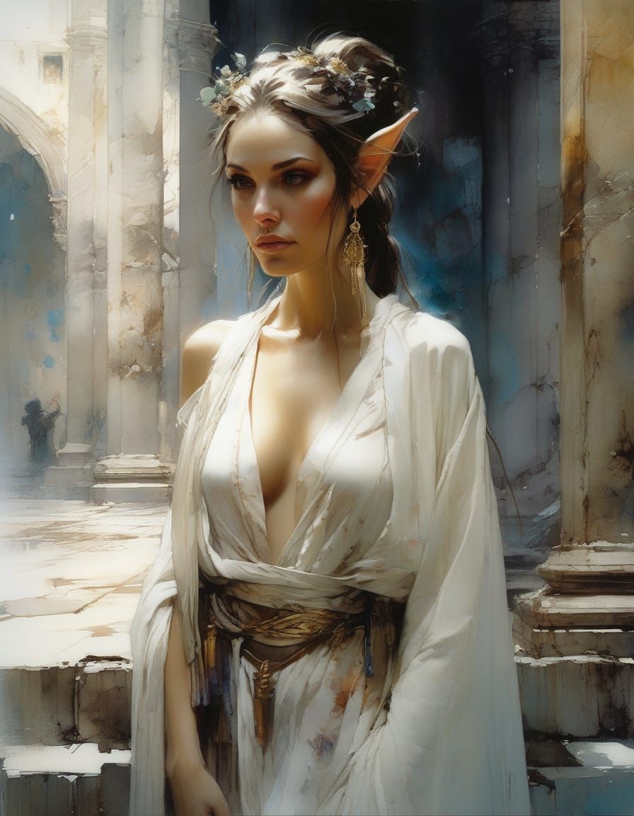 Beautiful Elf Woman in Silk Robe by Stone Columns