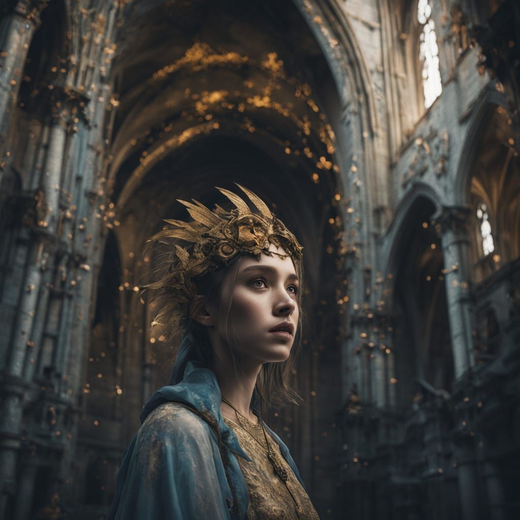 Surreal Girl in Ruined Cathedral, Ethereal Glow