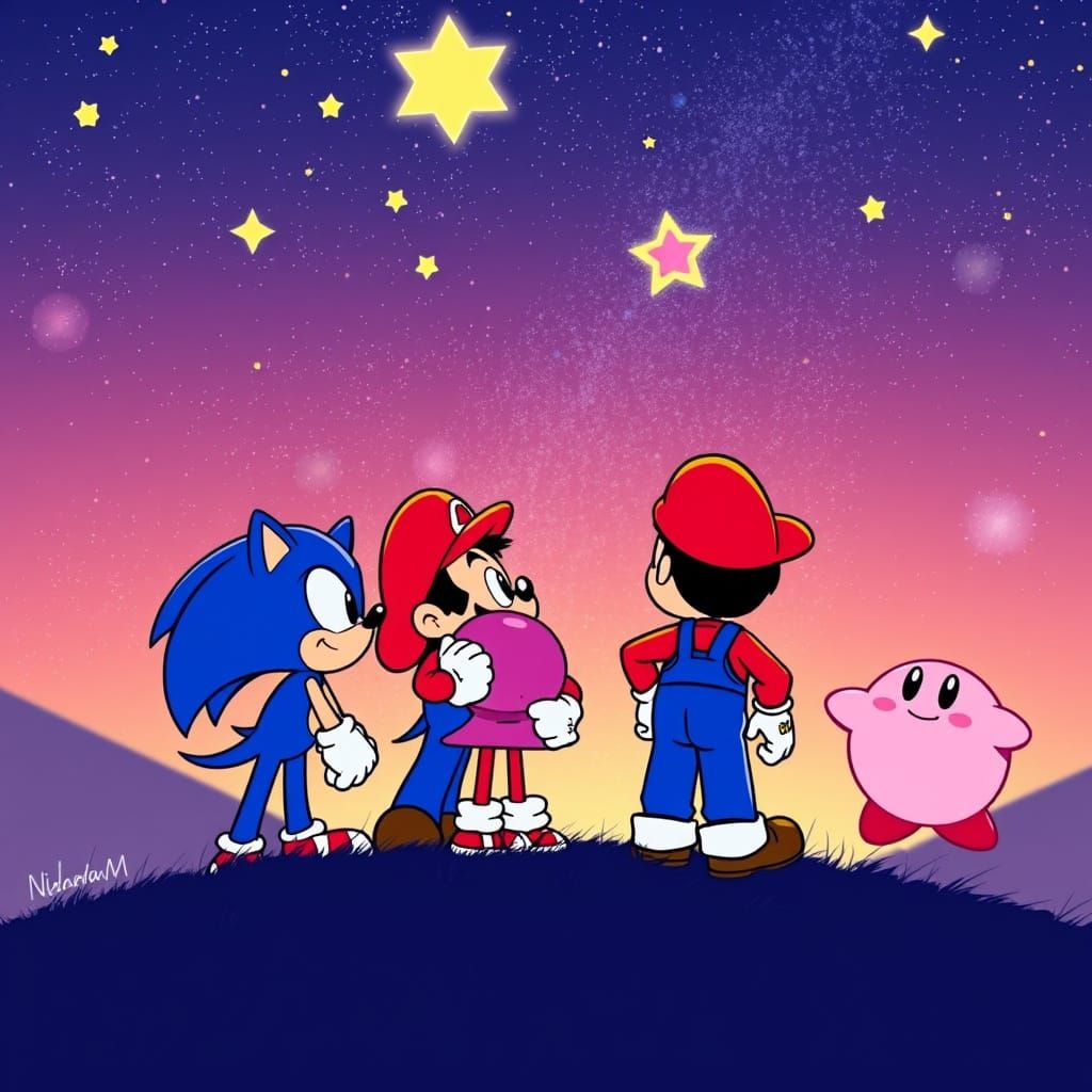 Classic Nintendo Characters Stargaze in Dreamlike Atmosphere