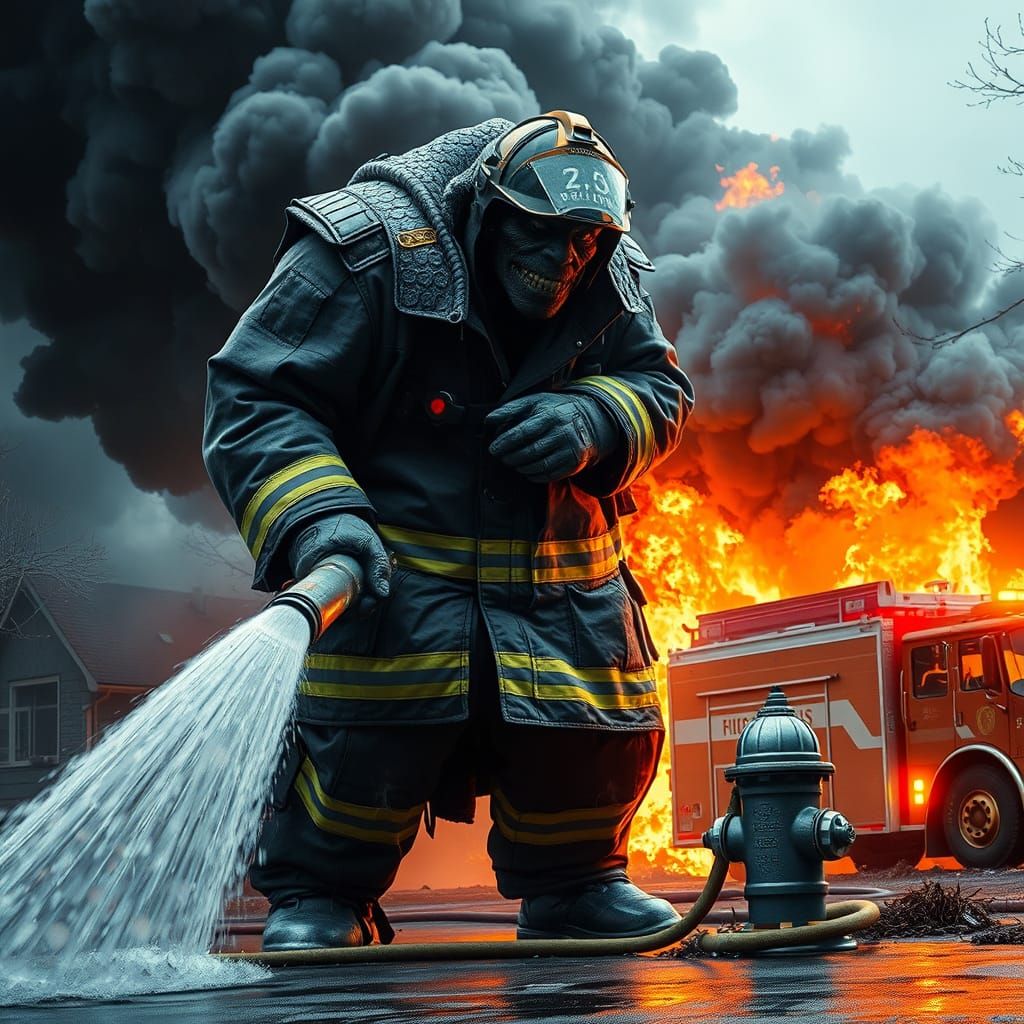 Monster Firefighter Battles Blaze in Futuristic Style