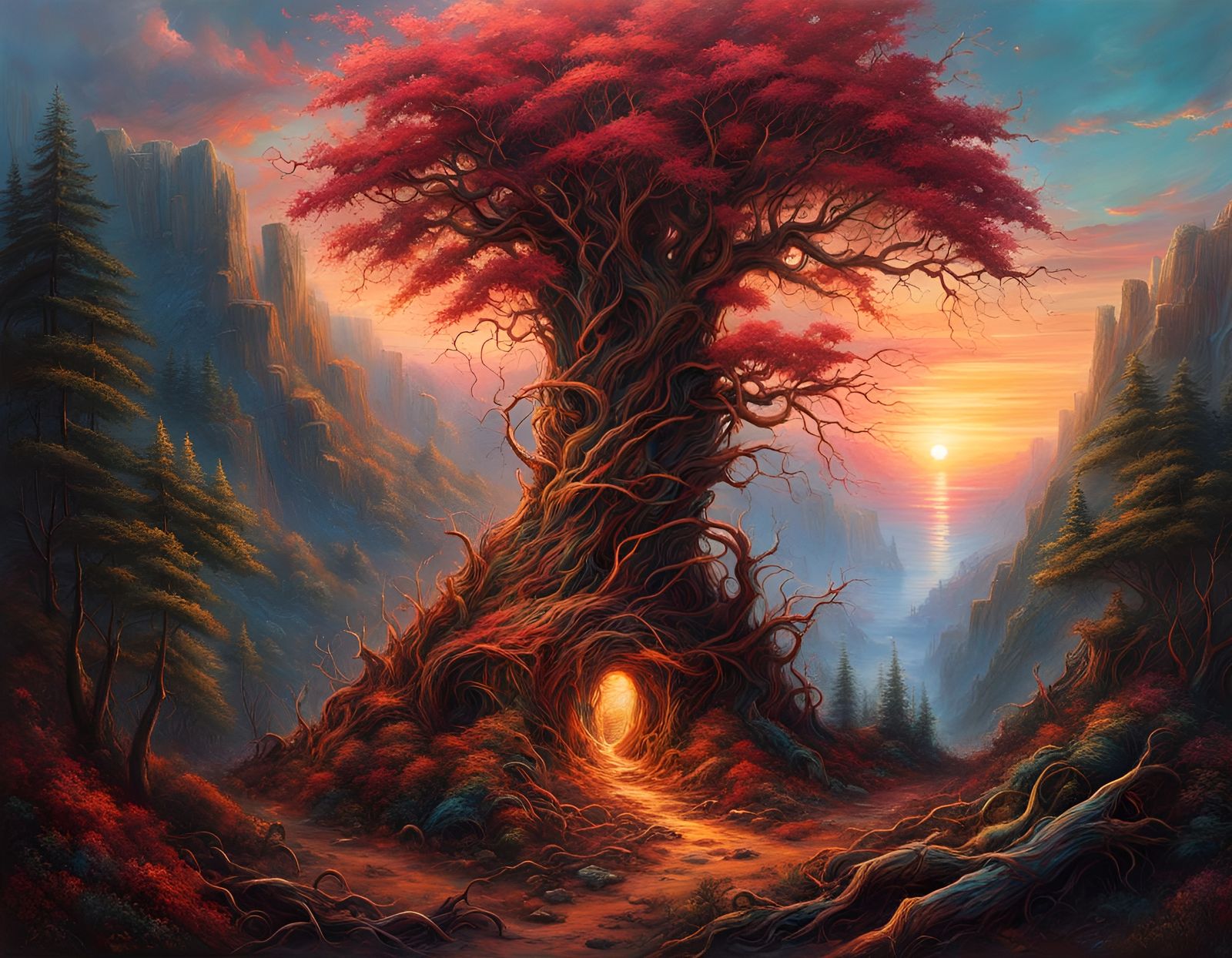Hyperrealistic Candy Cane Tree in Sunset Landscape