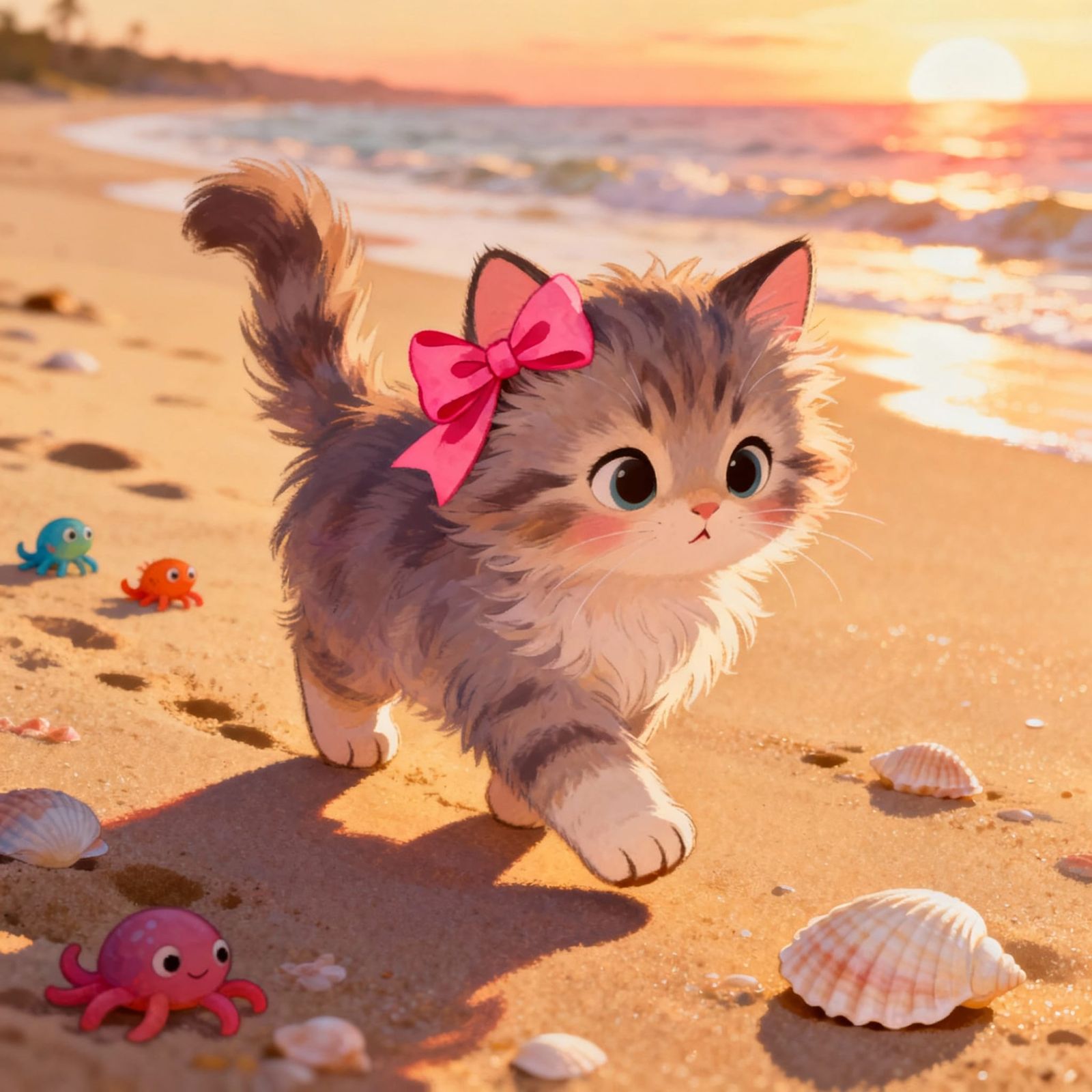 Whimsical Kitten on Beach at Golden Hour