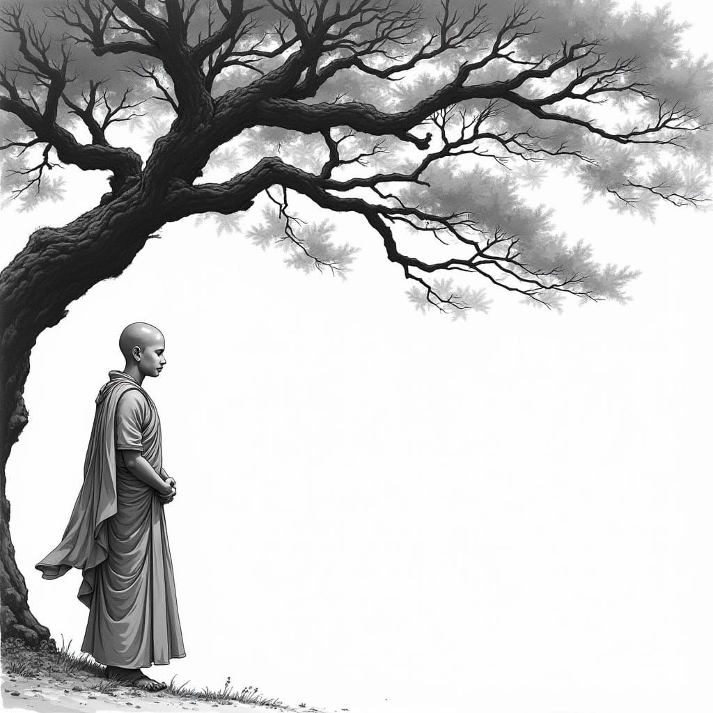 Serene Young Buddhist Monk Under Majestic Bodhi Tree in Blac...