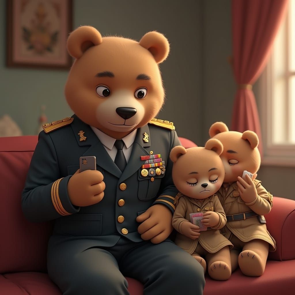 Bear General Comforts Sad Cubs: 3D Anime Art