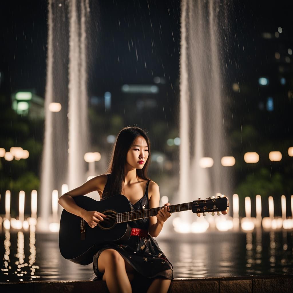 Chinese Woman Plays Guitar in Urban Garden